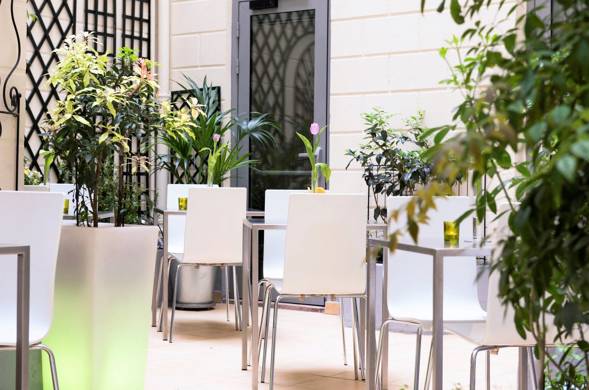 Patio verdoyant de l'Hôtel Glasgow Monceau à Paris, un endroit paisible pour se détendre en plein air.